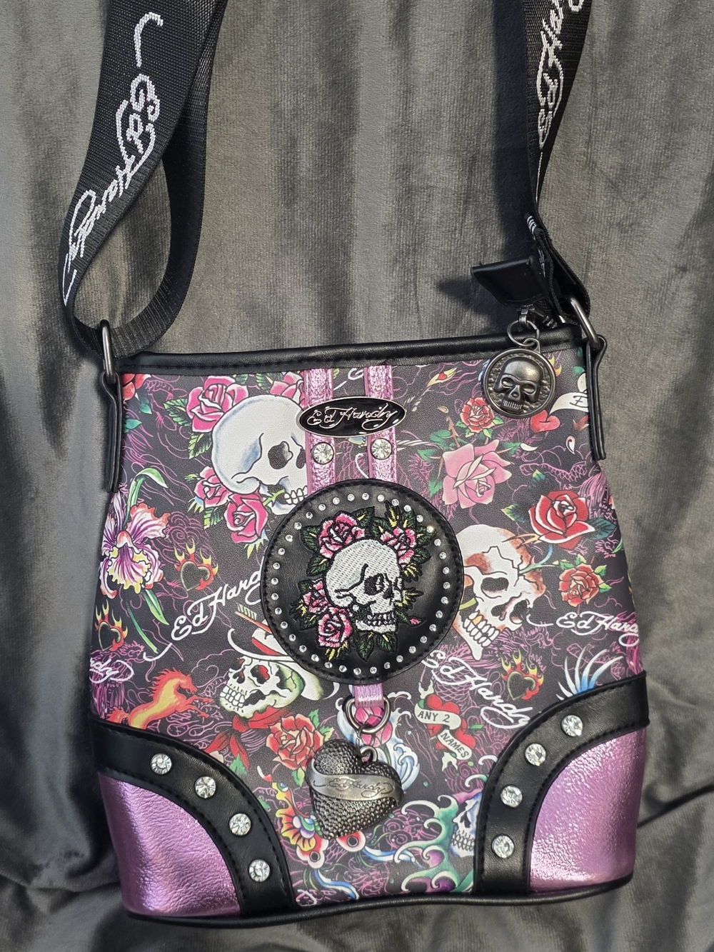 Ed Hardy Pink Skull American Traditional Tattoo Crossbody Bag